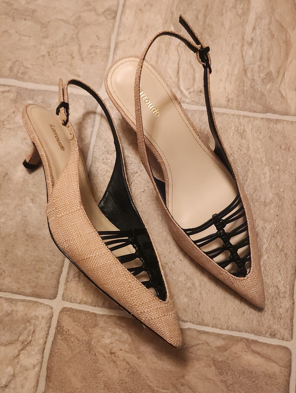Larroude Beige and Black Slingback Kitten Heels - Picture 2 of 10
